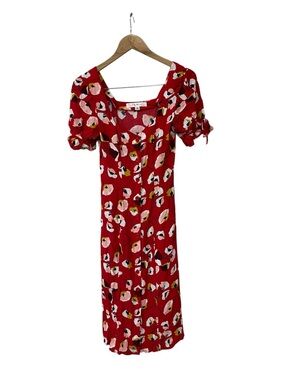 Row A Red Floral Button Down Rayon Dress S